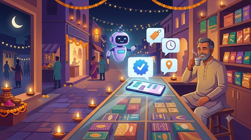 Small Indian business owner using an AI assistant on the WhatsApp Business app