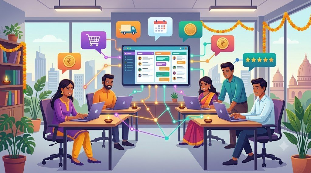Indian customer support team answering WhatsApp chats from a shared dashboard
