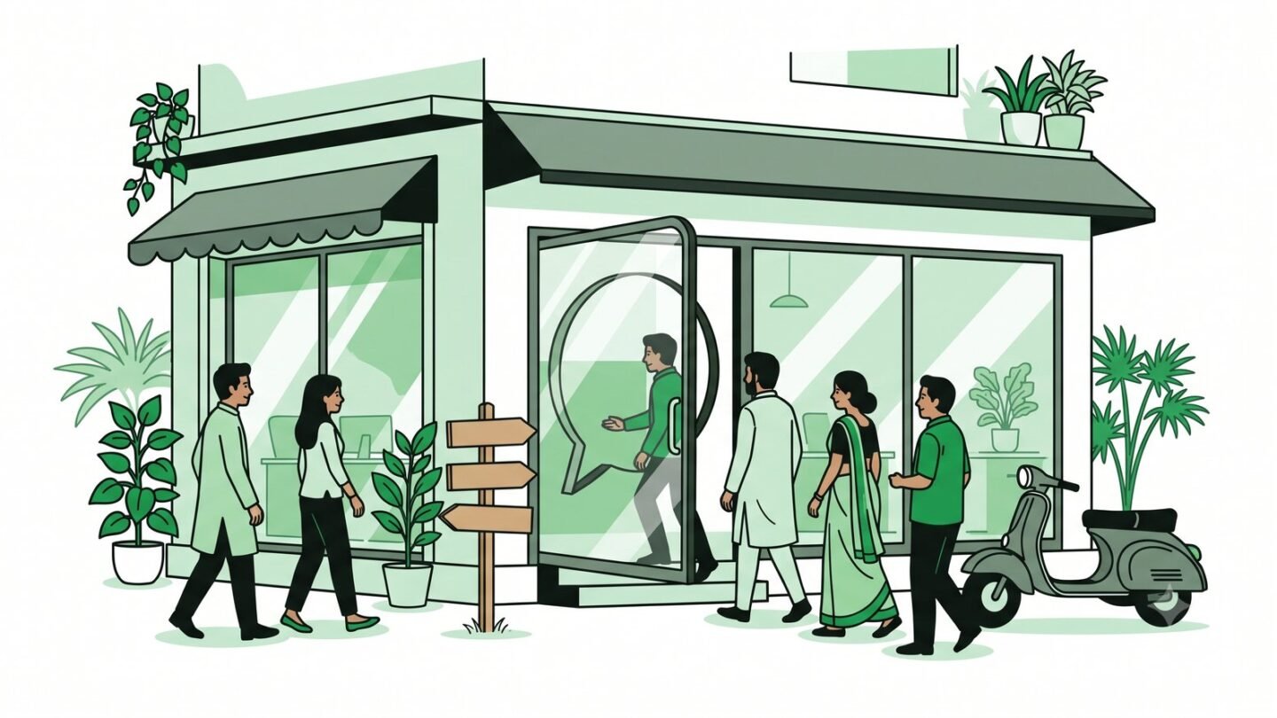 Customers walking into a real-estate office through a door shaped like a chat bubble