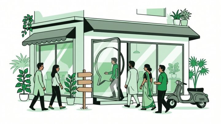 Customers walking into a real-estate office through a door shaped like a chat bubble